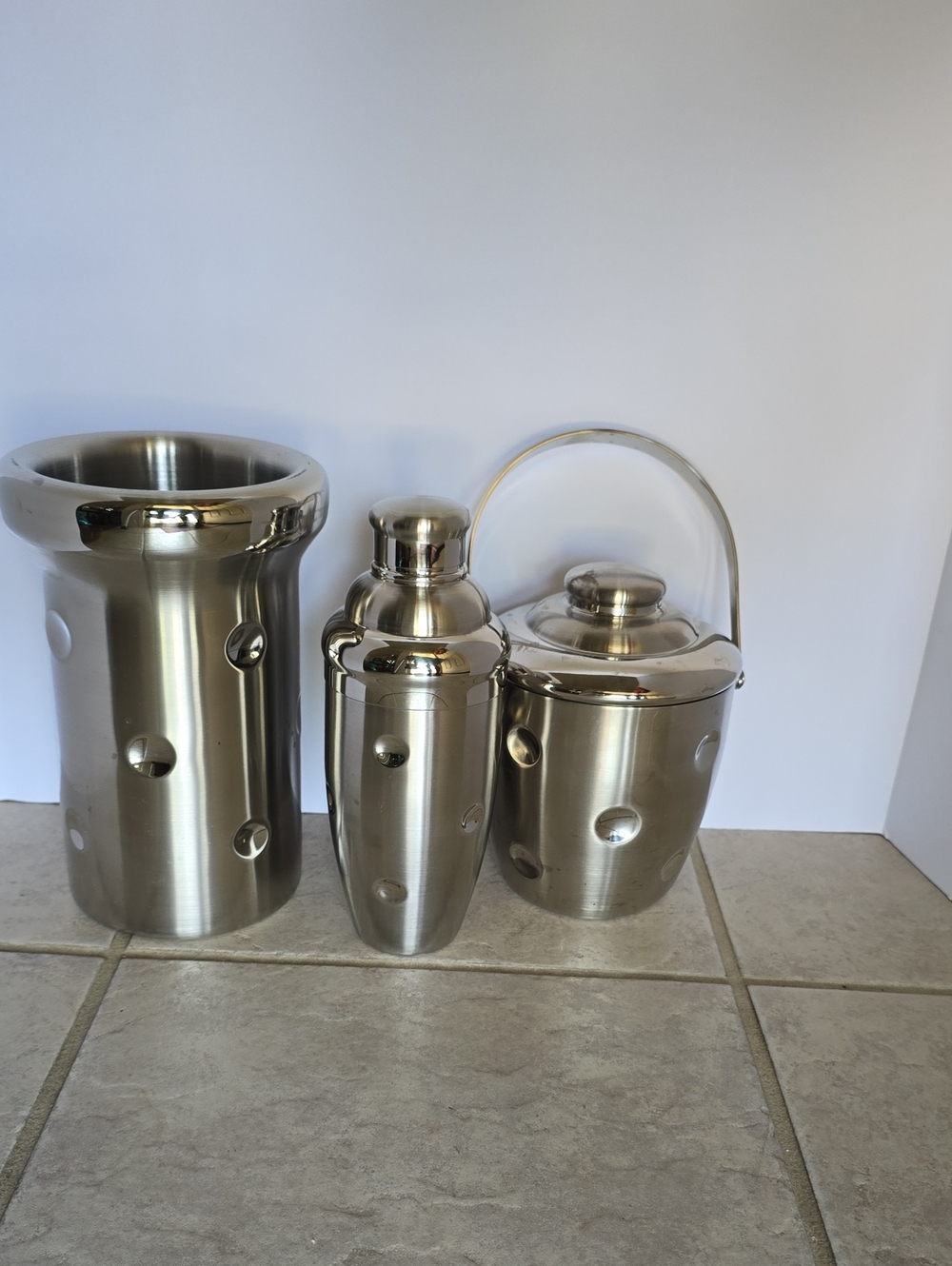 Brushed Stainless Steel Ice Bucket, Cocktail Shaker & Waste Bin Set - Silver